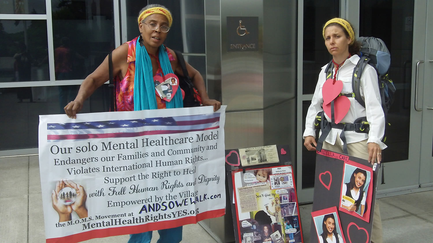 Esther Short: Cindi Fisher, left, and Aleshanee Akin brought a serious message about mental health care to the Clark County Courthouse on July 24.