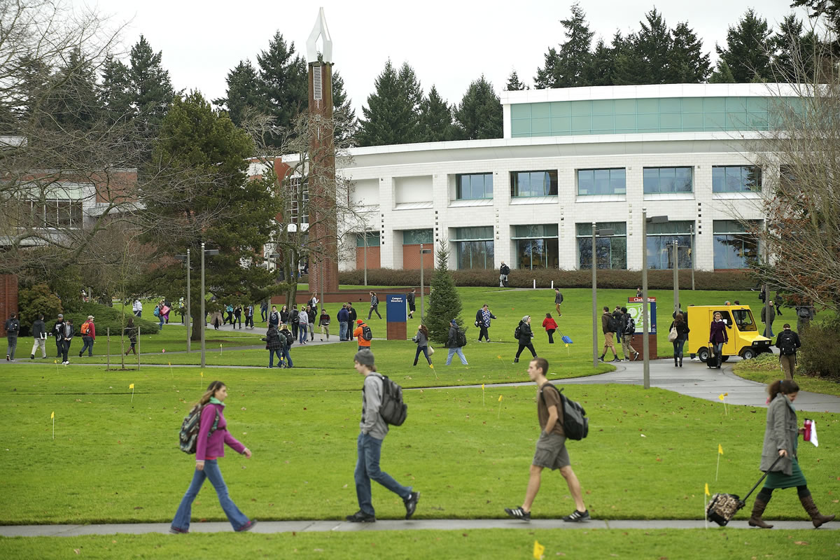 At Clark College's main campus in Vancouver, students make their way to classes during the first day of the winter semester in January.