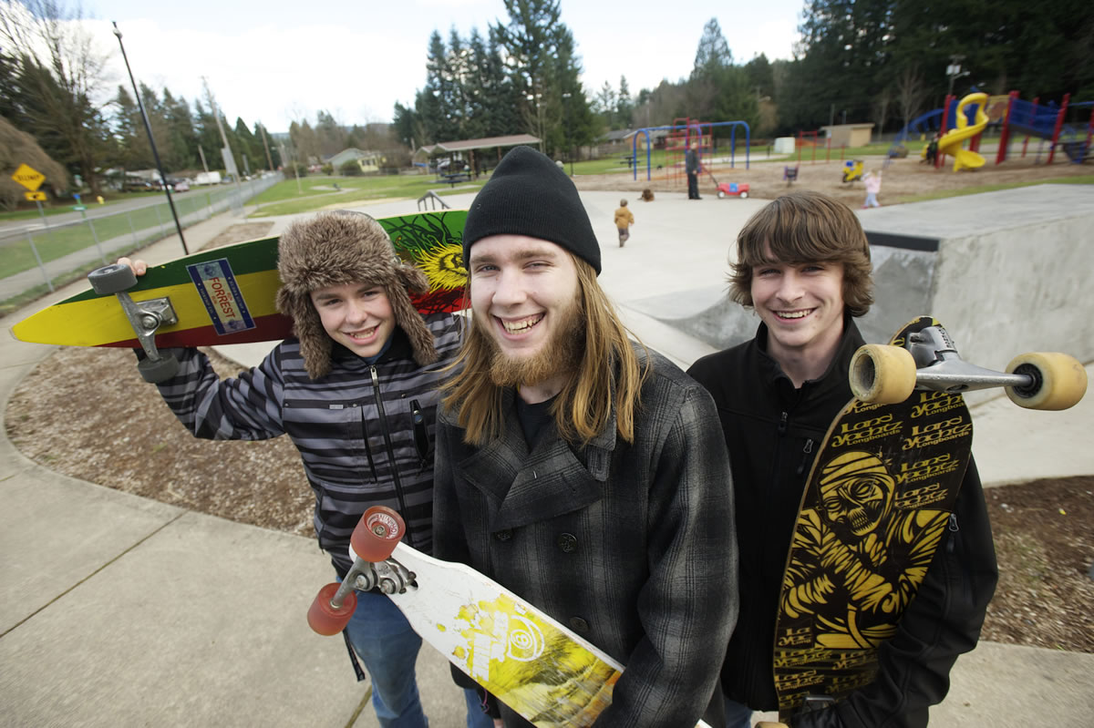 Yacolt skaters Mark King, 16, from left, Taylor Carothers, 19, and Zach Carothers, 18, at the new Yacolt Skate Park.