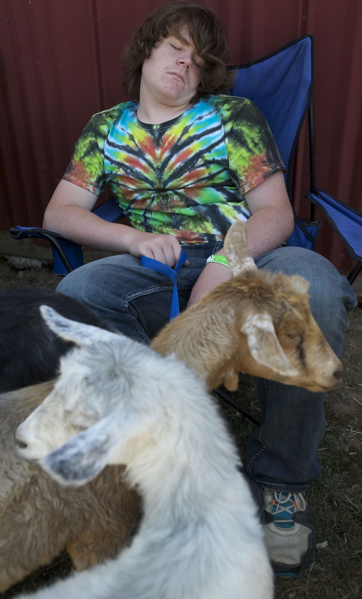 Tanner Cochran, 16, of Battle Ground, rests his eyes while helping friends with their goats at the Clark County Fair.