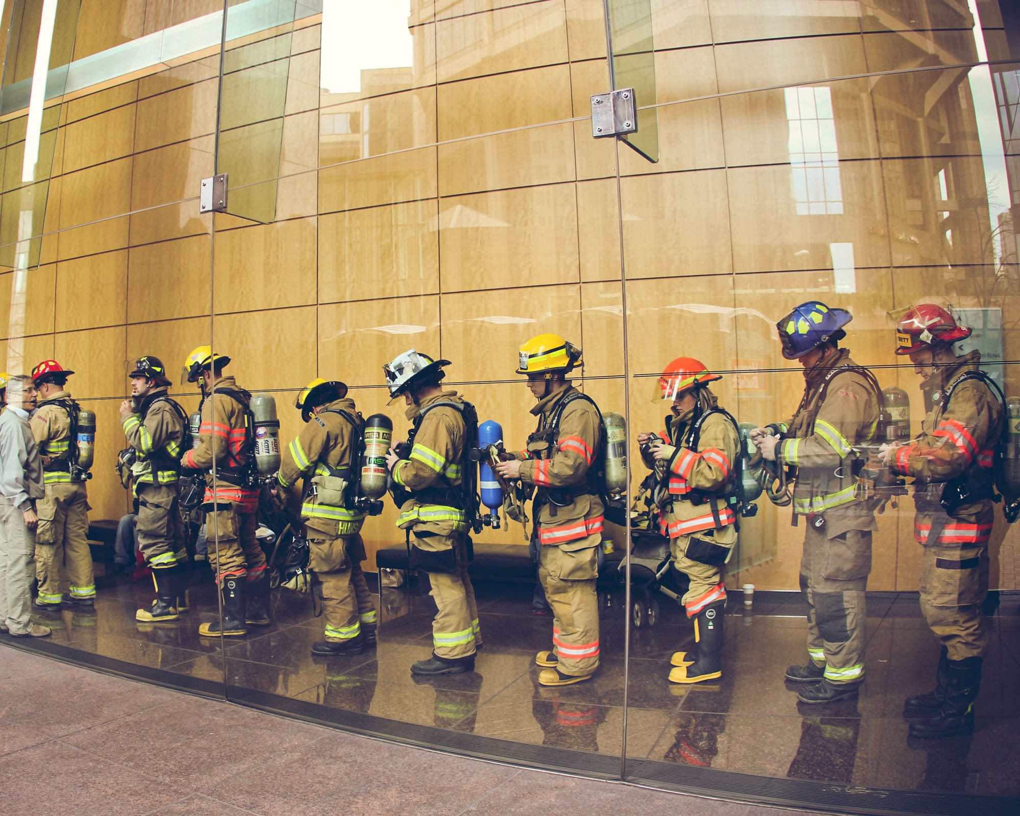 Firefighters wait to start the 22nd annual Scott Firefighter Stair Climb to benefit the Washington/Alaska Chapter of the Leukemia &amp; Lymphoma Society.