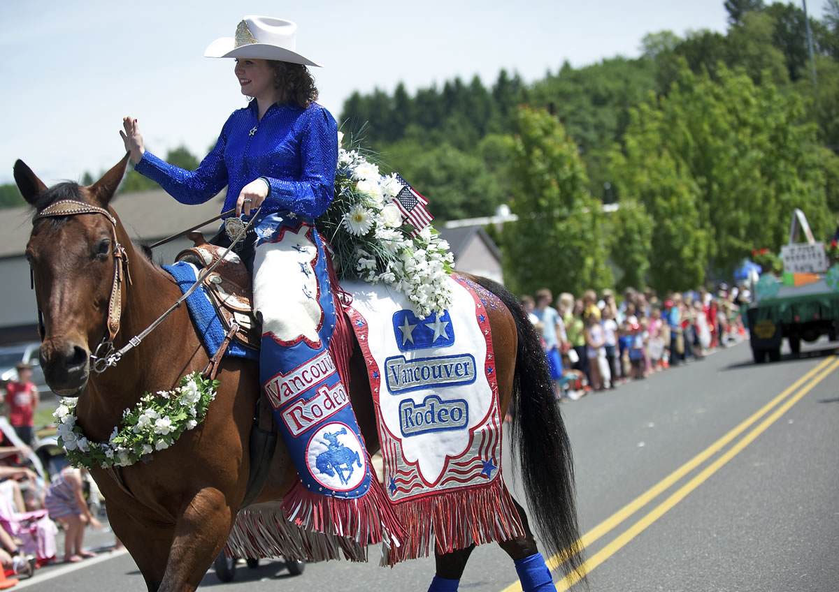 2013 Miss Vancouver Rodeo Queen Brittney Williams rides Saturday in the Hockinson Fun Days Parade.