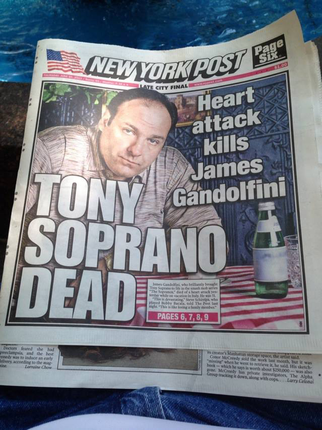 The New York Post for June 20 reports the death of actor James Gandolfini the day before.