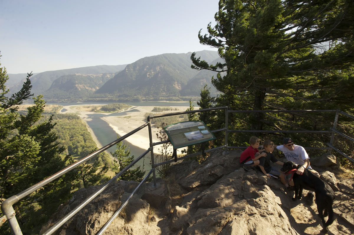 The Beacon Rock Trail provides a panoramic view of the Columbia River Gorge.