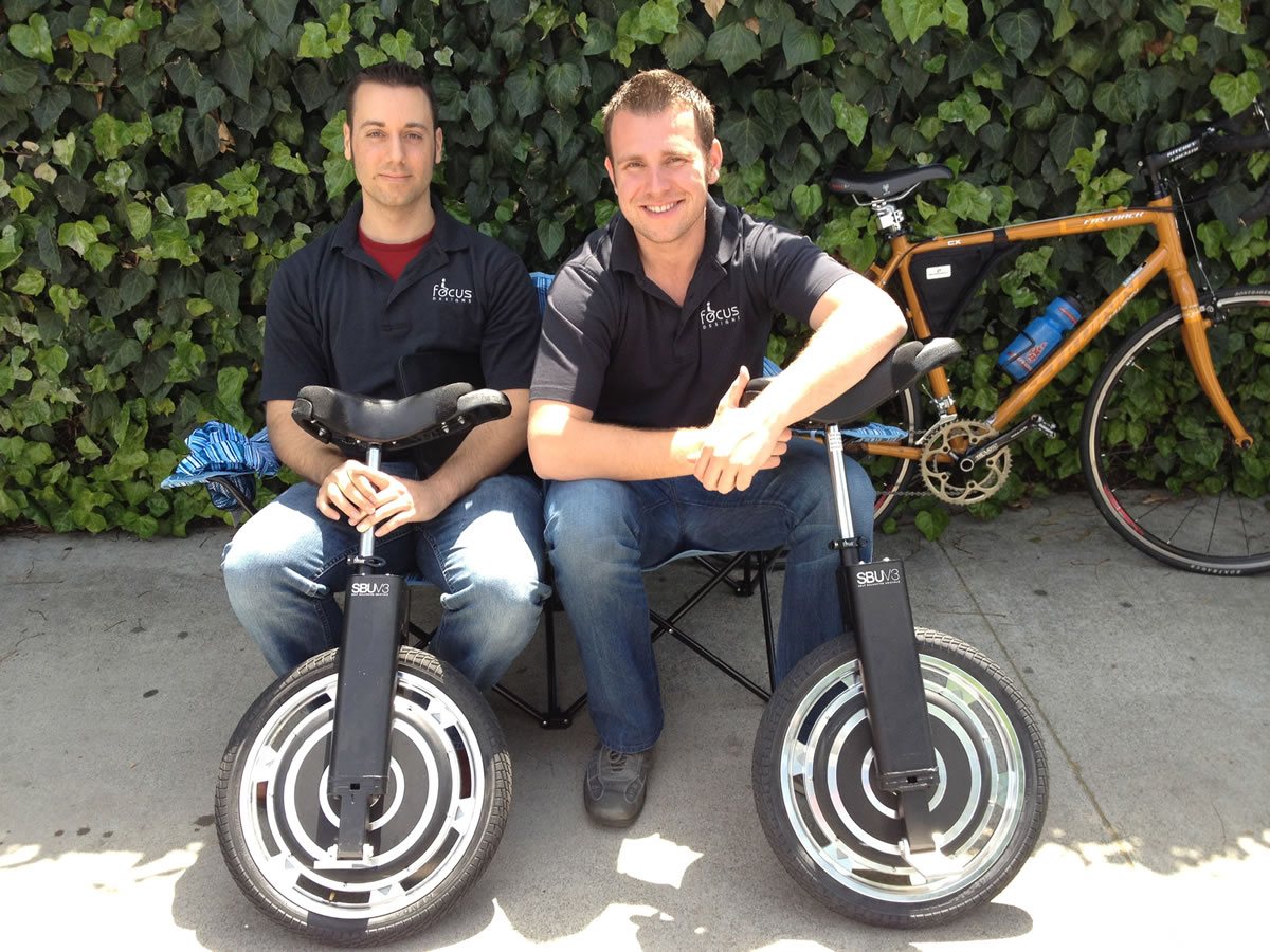 Daniel Wood, left, and David Martschinske in Culver City, Calif., with their self-balancing, powered unicycles before the production of their &quot;Shark Tank&quot; episode last year.