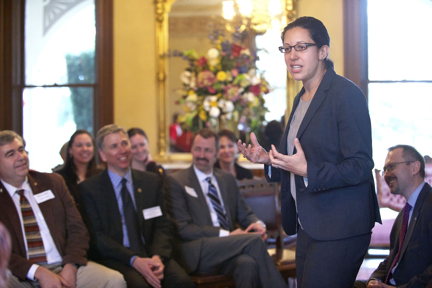 Priya Guha, British consul general in San Francisco, meets with local leaders Tuesday at the Marshall House.
