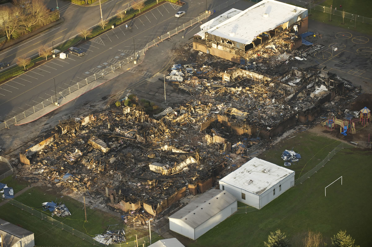 An aerial photograph taken Feb. 8 shows the remains of Crestline Elementary School in Cascade Park. A three-alarm Feb.
