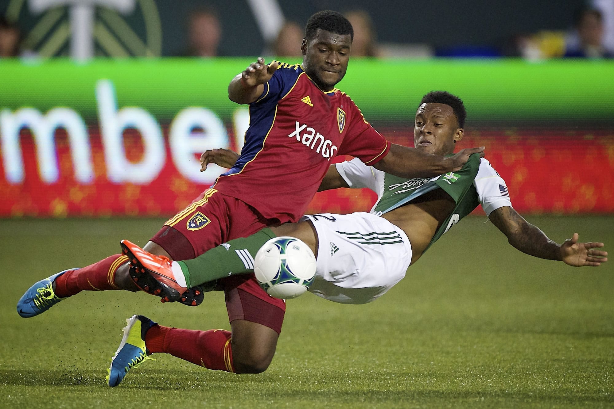 Brandon McDonald, left, of Real Salt Lake, battles Rodney Wallace of the Portland Timbers for control of the ball. Wallace scored a goal in the first half.