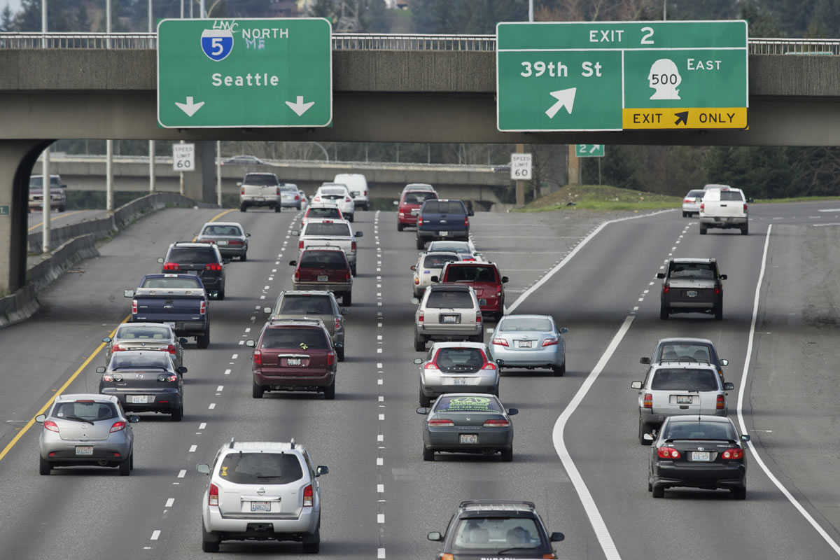 Traffic flows north on Interstate 5 during afternoon rush hour earlier this year.