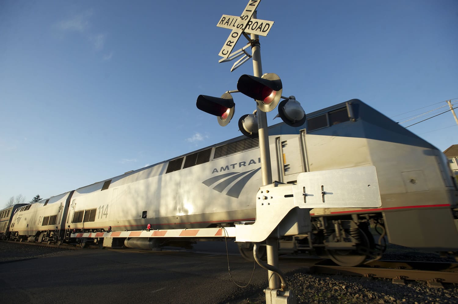 An Amtrak train crosses Southeast 147th Avenue at Southeast Evergreen Highway on Monday.