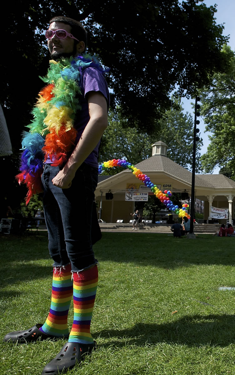 Zachery Laneaster, 25, of Portland sports a rainbow- themed outfit during the 18th annual Saturday in the Park,  an event celebrating the LGBT (lesbian, gay, bisexual and transgender) community in Esther Short Park.