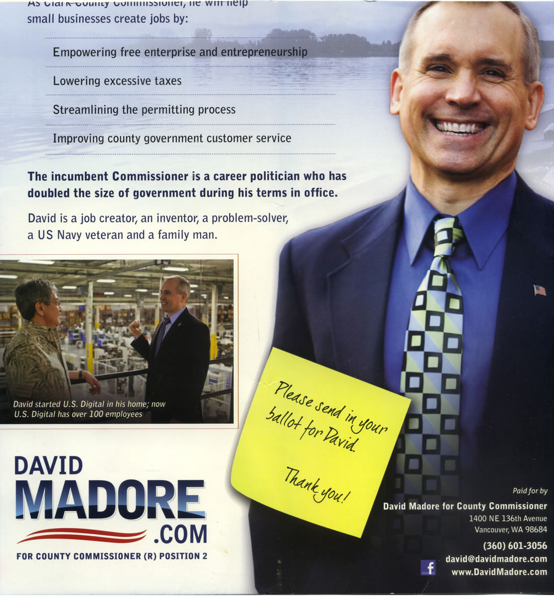 Candidate David Madore said he apologized to Clark County Commissioner Marc Boldt for including a false claim in a flier that Boldt has doubled the size of government. During Boldt's time in office, the county budget has decreased along with the number of county employees.