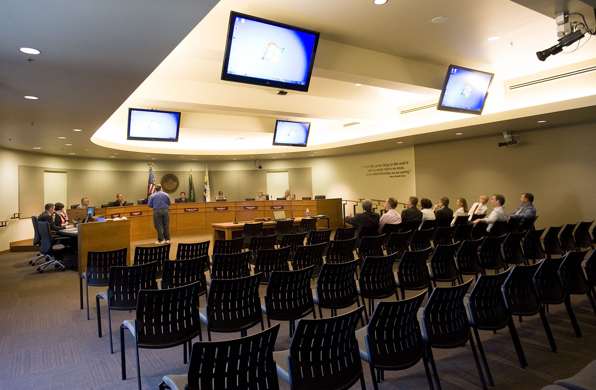 The Vancouver City Council chambers is seen hours before the first meeting in the new City Hall on Sept.