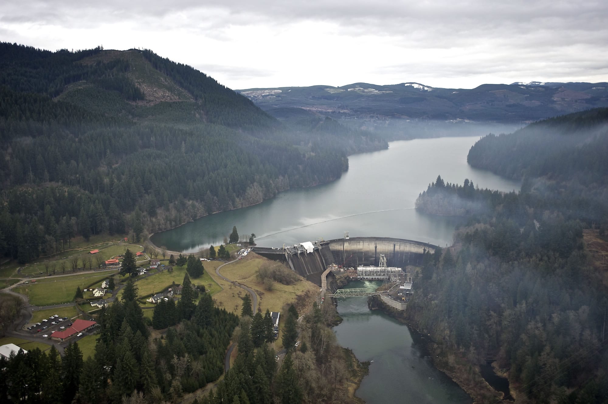 If built, a proposed 500-kilovolt transmission line would cross the Clark-Cowlitz county line just below Merwin Dam, shown here.