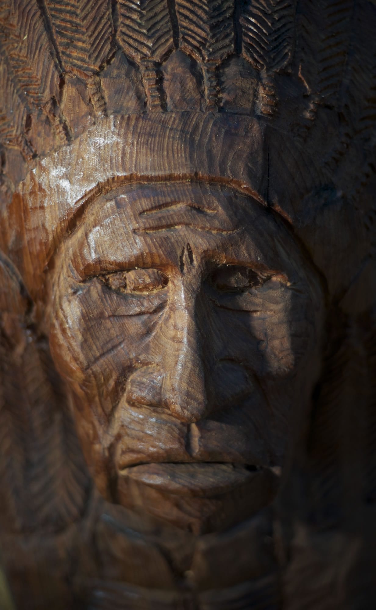 This wood carving of an American Indian chief is one example of how Ken Craig's craft connects him to his Lakota heritage.