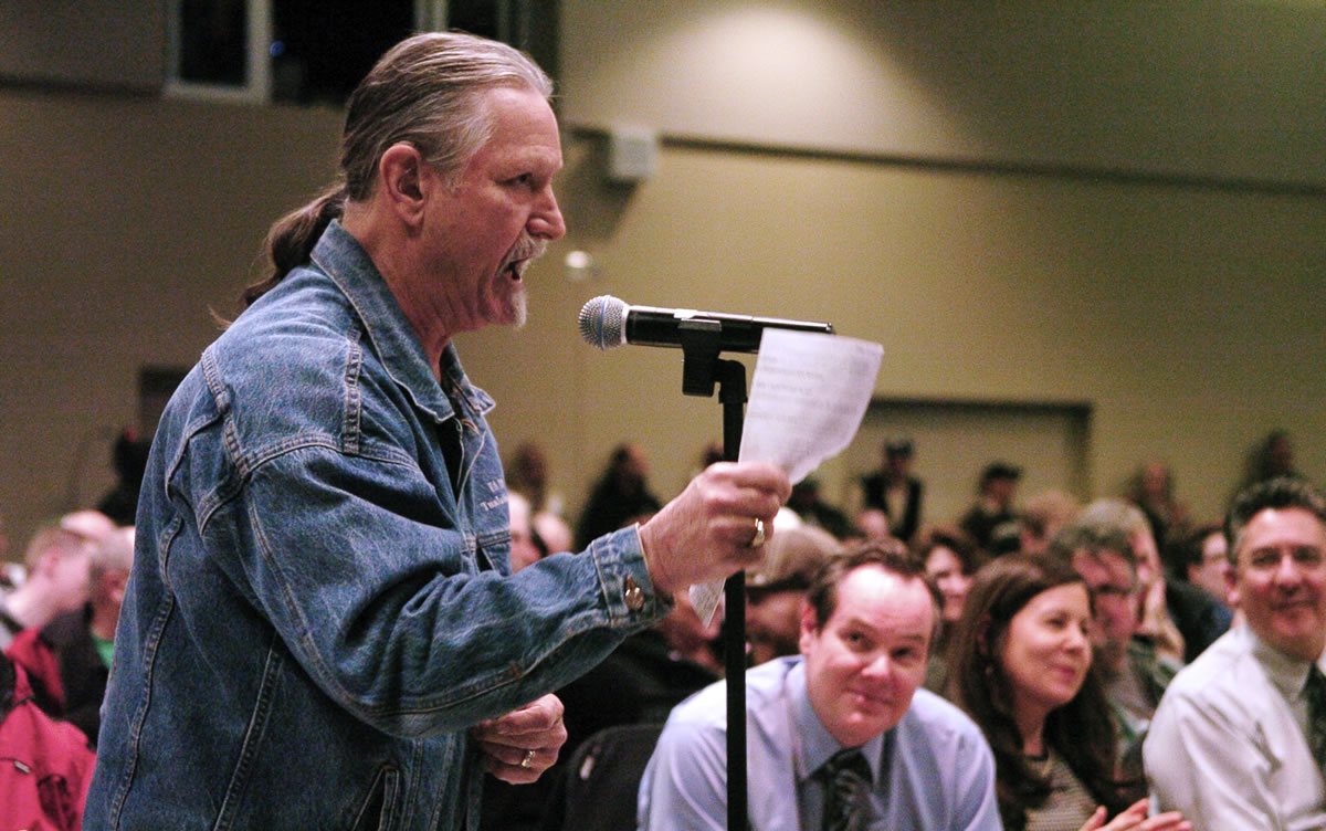 Henry Washburn, of Vancouver, shares his experiences with marijuana during a public forum before the state's Liquor Control Board that took place Thursday evening at Clark College's Gaiser Hall in Vancouver.