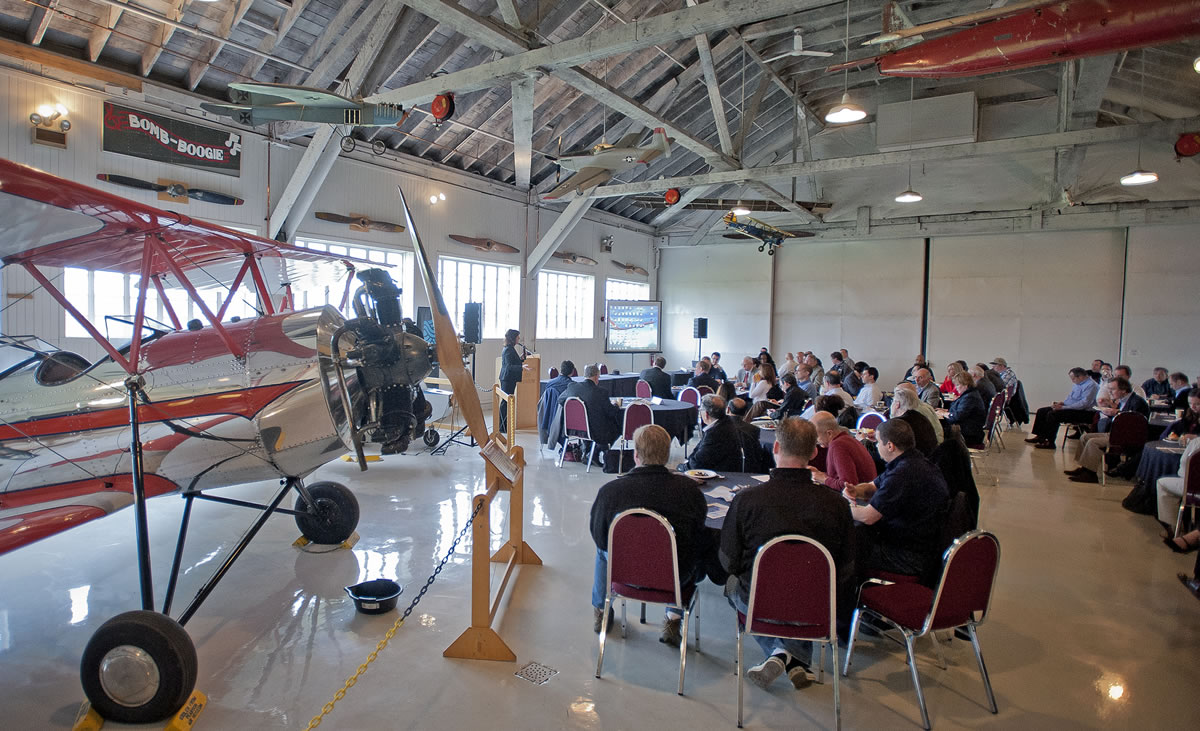 A crowd attends an aerospace supply chain workshop at Pearson Air Museum on April 4.