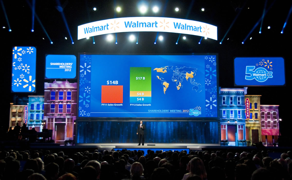 Walmart Stores Inc.'s Chief Financial Officer Charles Holley presents fiscal year sales growth during the Walmart shareholders' meeting in Fayetteville, Ark., on June 1, 2012.