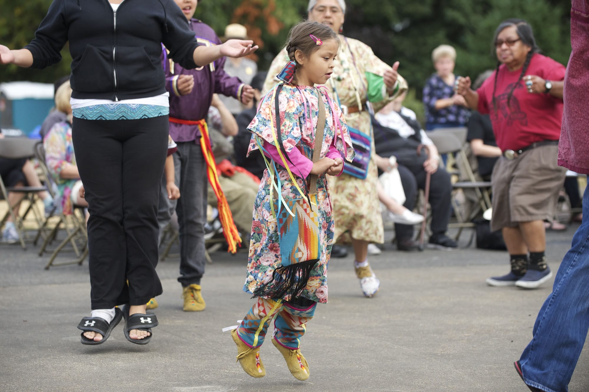 Photos by Steven Lane/The Columbian
Tyese Arthur, a &quot;fancy dancer&quot; of the N'chi Wanapum Canoe Family from Warm Springs, Ore., dances to American Indian songs during the Vancouver Land Bridge's fifth anniversary celebration Saturday.