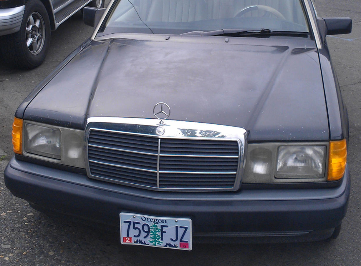 Debbie Peterson's 1990 Mercedes has Oregon license plates because she has yet to replace them with the Washington plates she received in January.