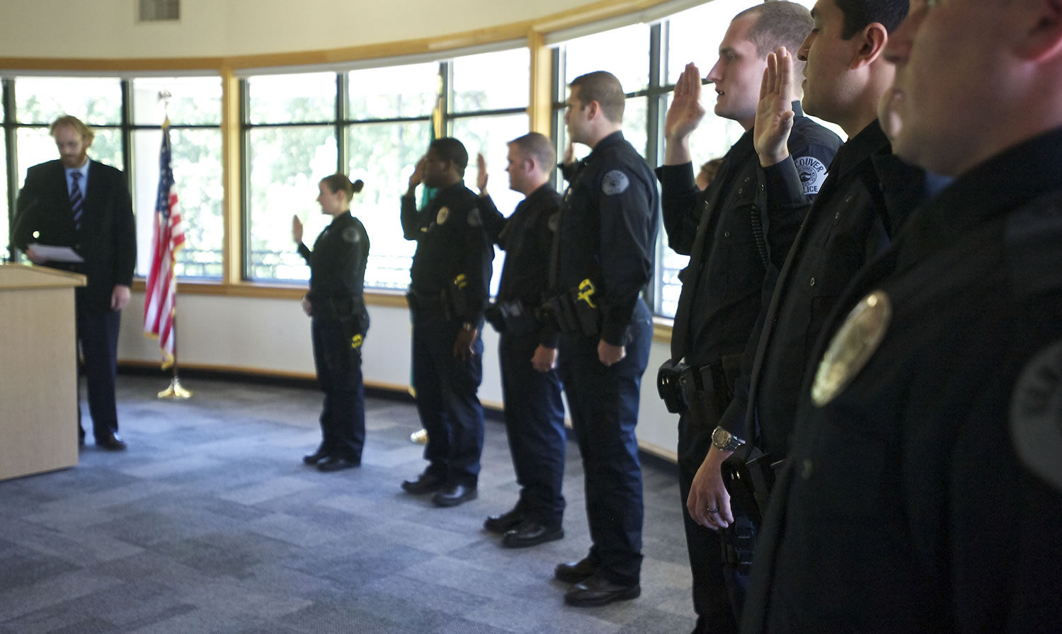 Eight new Vancouver Police officers are sworn in during a July 25 ceremony at the Water Resources Center.