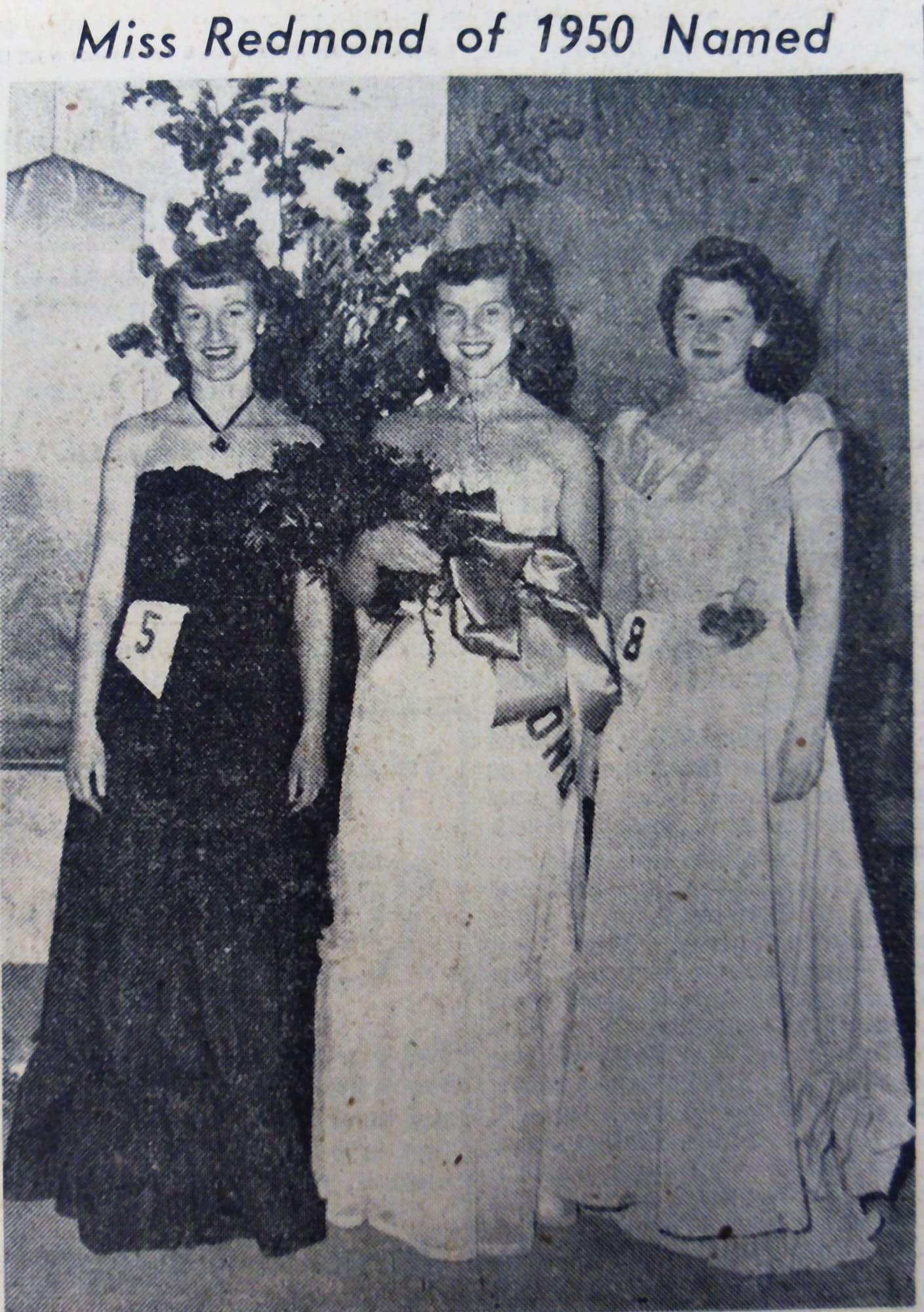 A newspaper clipping from The (Bend, Ore.) Bulletin in 1950 shows Doris Sutton, center, being crowned Miss Redmond.