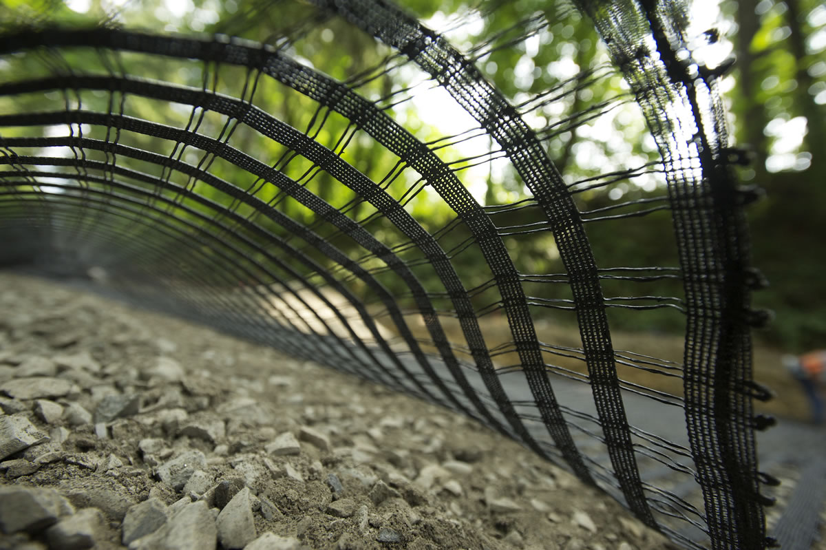 Flexible &quot;geogrid&quot; material will hold base gravel under a rebuilt Northwest Pacific Highway outside La Center.