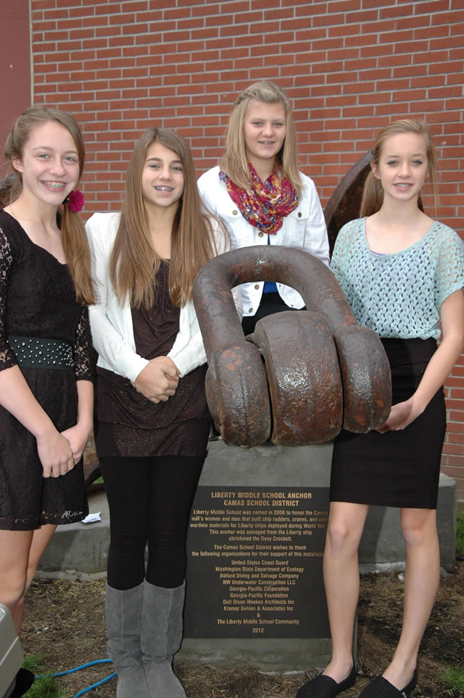 Camas: Liberty Middle School leadership students, from left, Teague Shroeder, Gracen O'Dell, Raegan Moss and Cambryn Gulzow show off the Davy Crockett's anchor, now on the school campus, on Nov.