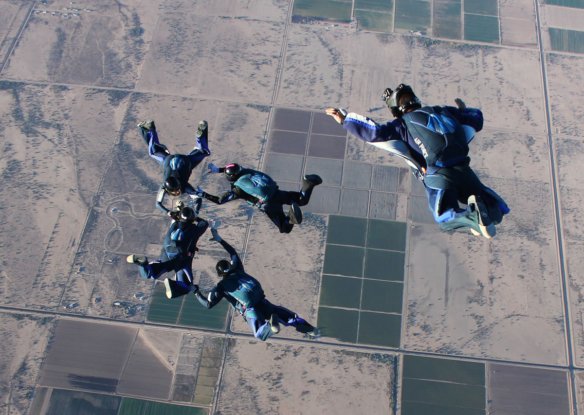 Dustin Weeks and his Air Force Academy team, Air Force Paradigm, competed in formation jumps in the National Collegiate Parachuting Championships.