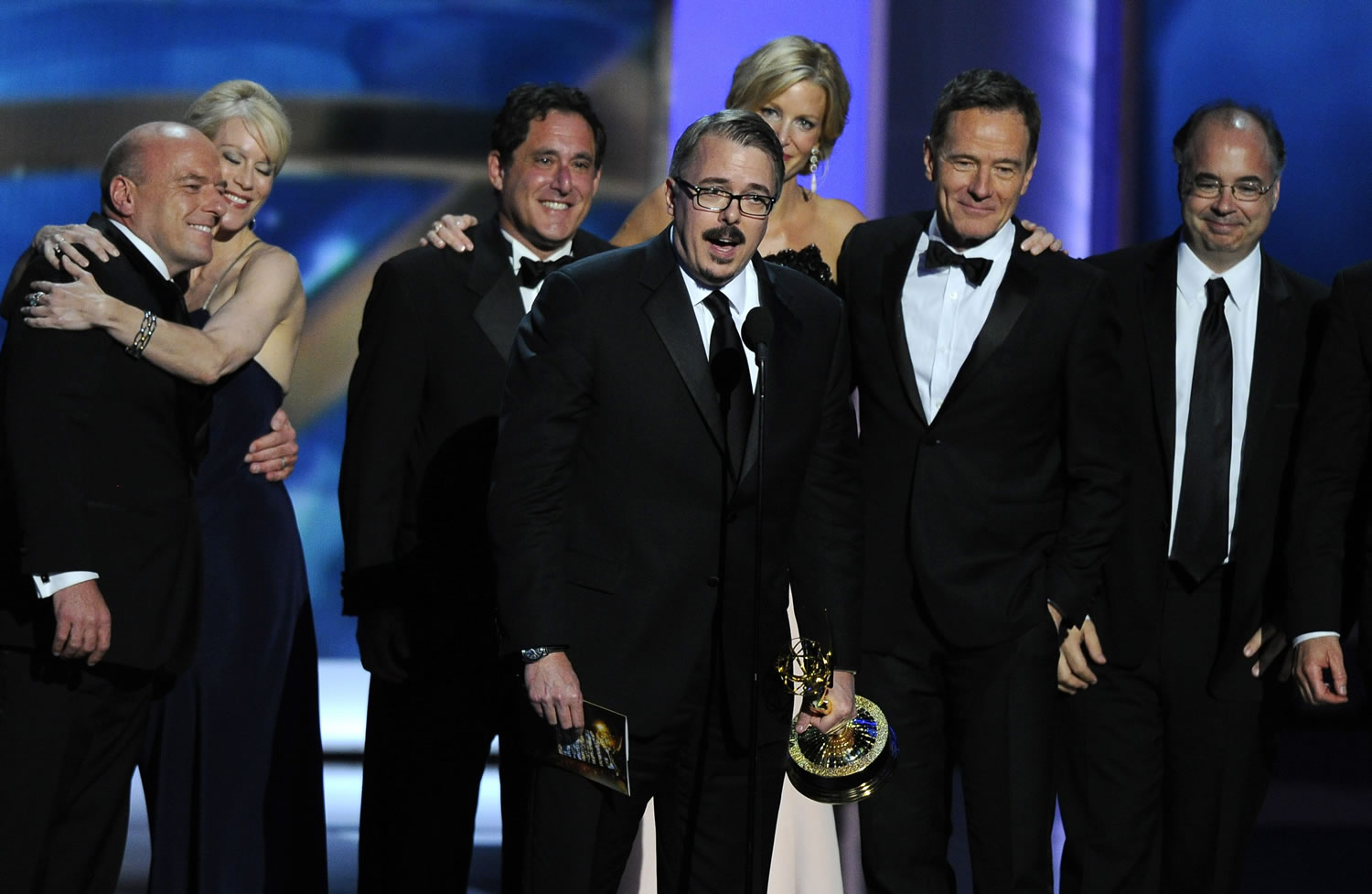 Vince Gilligan, center, and the cast and crew of iBreaking Badi accept the award for outstanding drama series at the 65th Primetime Emmy Awards at Nokia Theatre on Sunday Sept. 22, 2013, in Los Angeles.