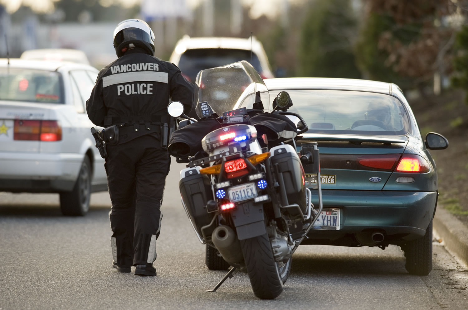 A Vancouver Police Officer makes a traffic stop for speeding in 2010.