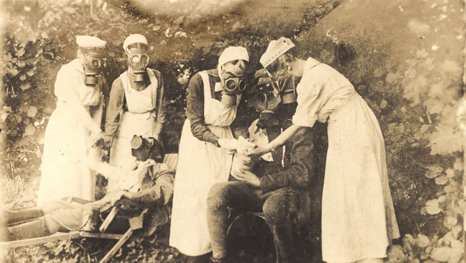 Nurses wear gas masks in Germany during World War I.