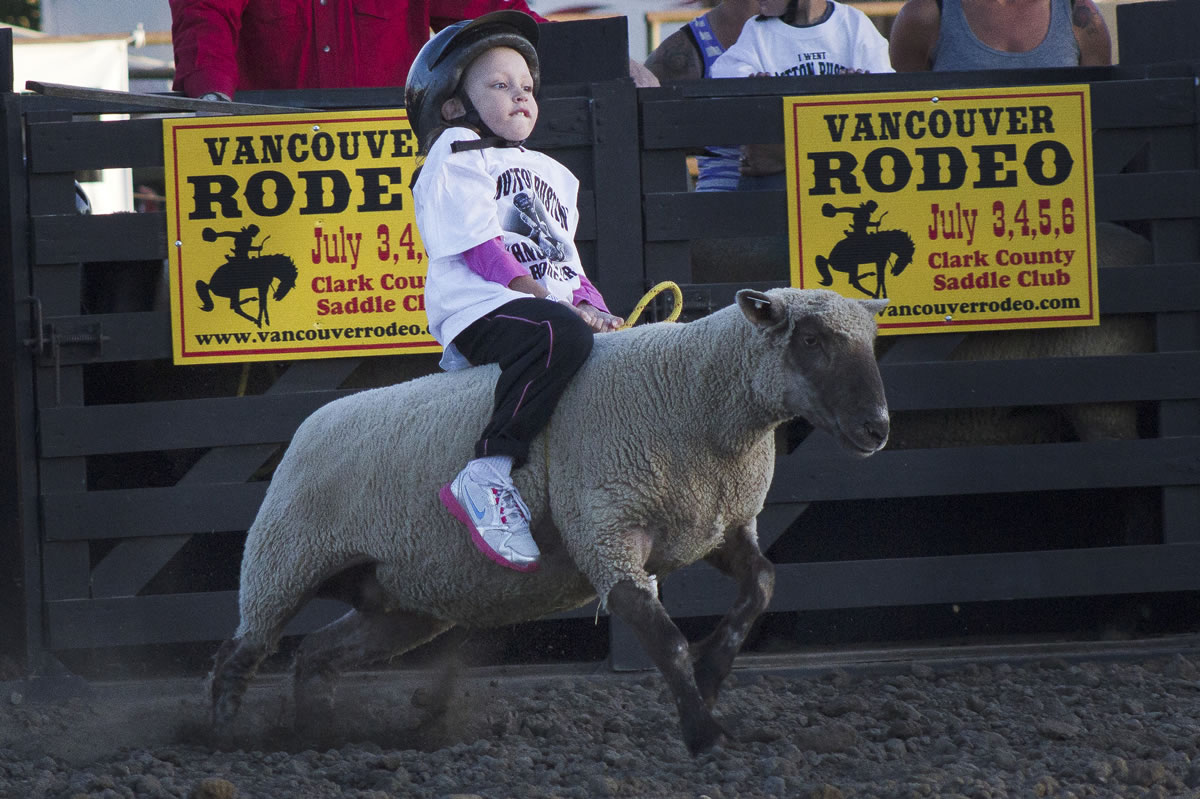 Andrea Oehler rides during the Mutton Bustin' portion of the Vancouver Rodeo on July 3 at the Clark County Saddle Club.