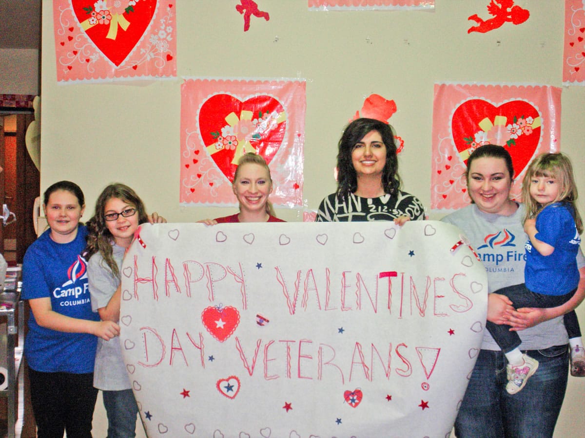 Central Park: Girls in local Camp Fire USA clubs The Soaring Butterflies and The USA Polar Bears -- including Adeline Johnston, from left, Delaney Rice, Maegan Davidson, Meena Mortazavi, Leslie Wright and Clara Johnston -- show love to veterans during their February Salute to Hospitalized Veterans. The girls made and delivered Valentine's Day cards on Feb.