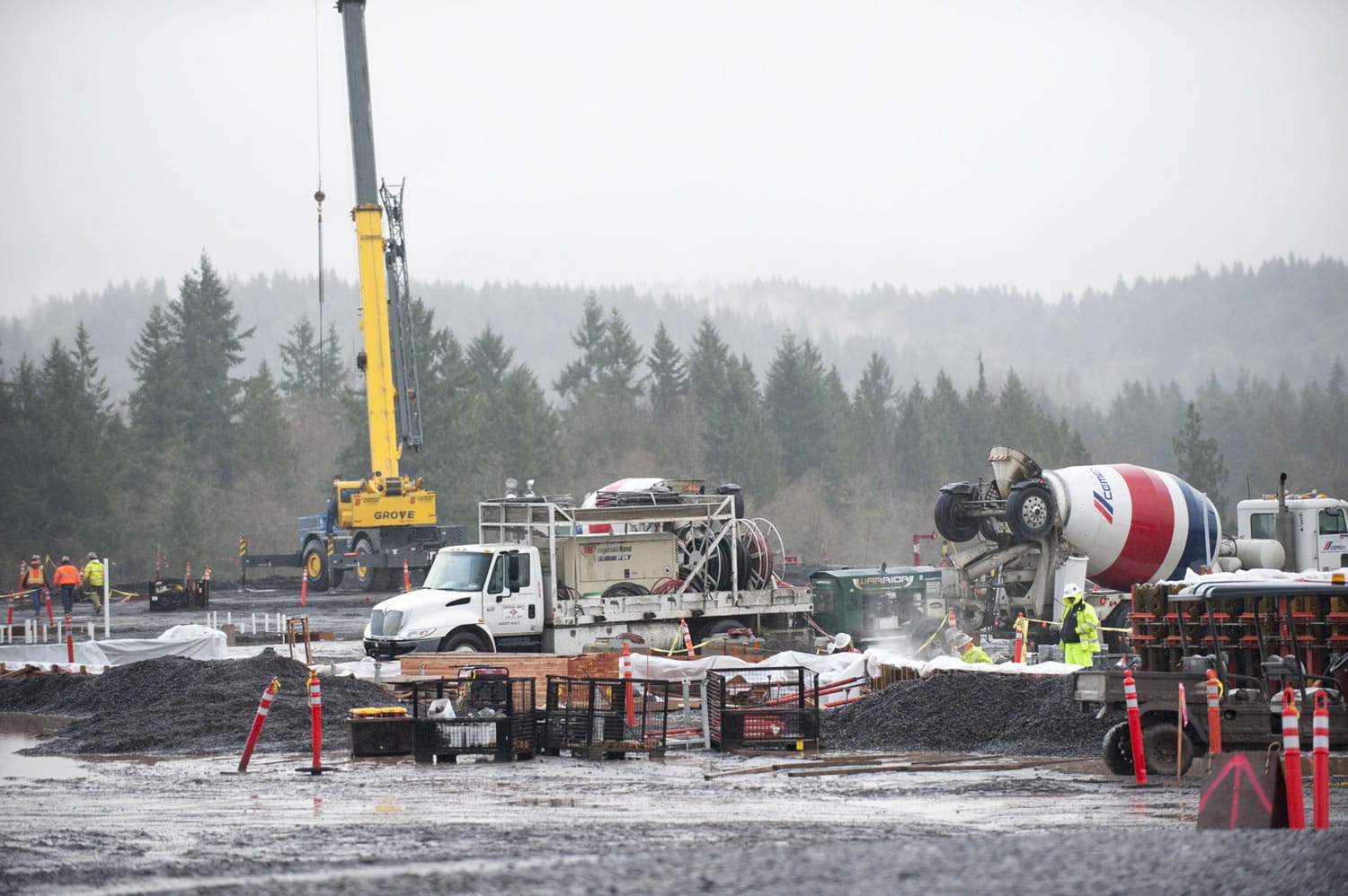 Construction continues on the Cowlitz Reservation near La Center on Wednesday. A key part of the casino project is an upgrade to the Interstate 5 interchange at Exit 16, which still needs La Center&#039;s blessing to fully move forward.