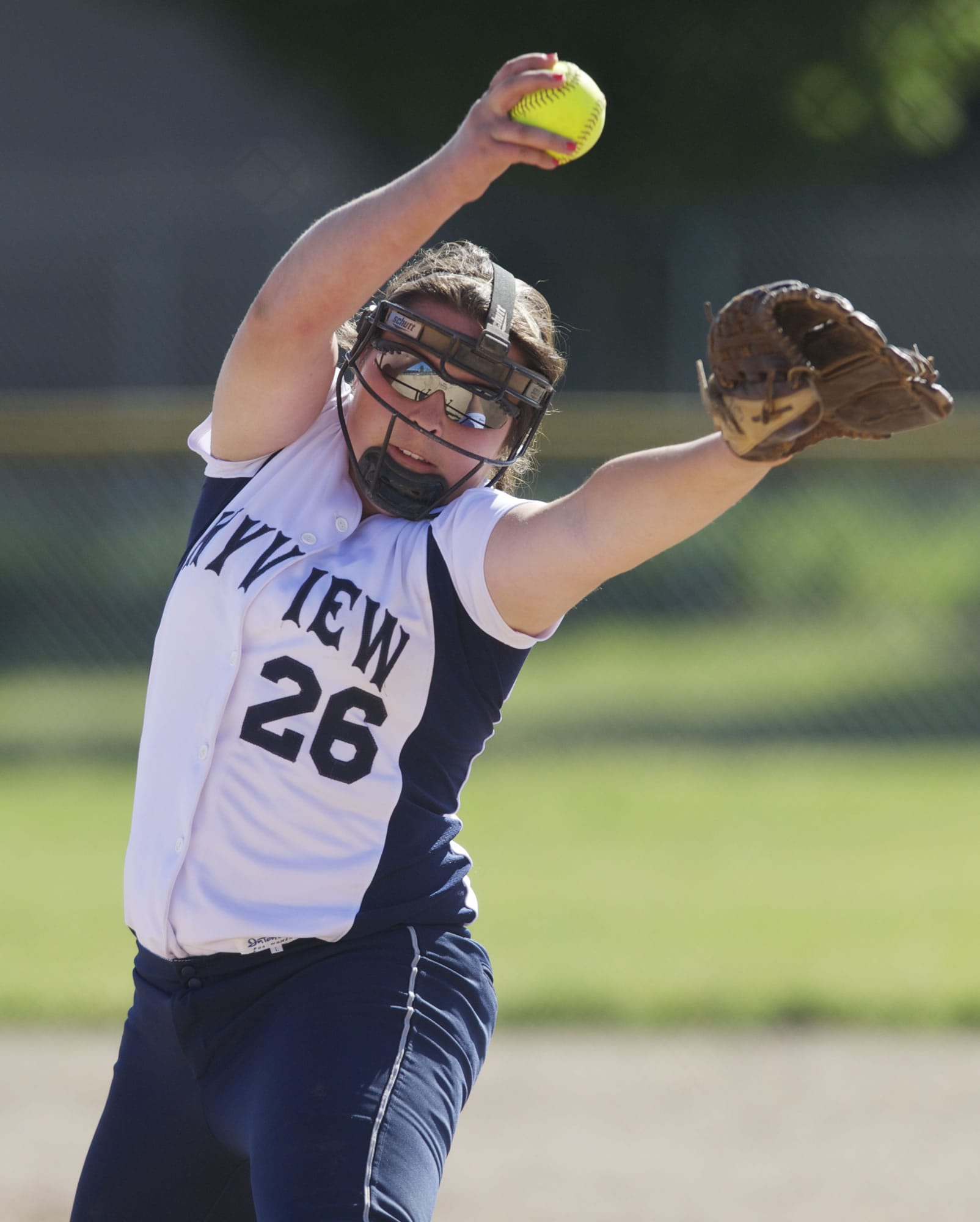 Skyview's Michelle Brincefield struck out 14 batters in throwing a two-hit shut out of Camas in the Class 4A district softball game Tuesday at Heritage.