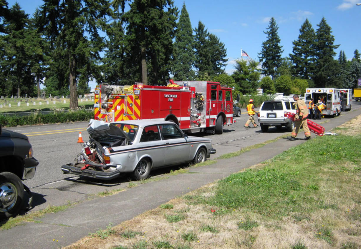 A pickup truck rear-ended a car Wednesday afternoon on East Fourth Plain Boulevard near the Interstate 5 northbound offramp.