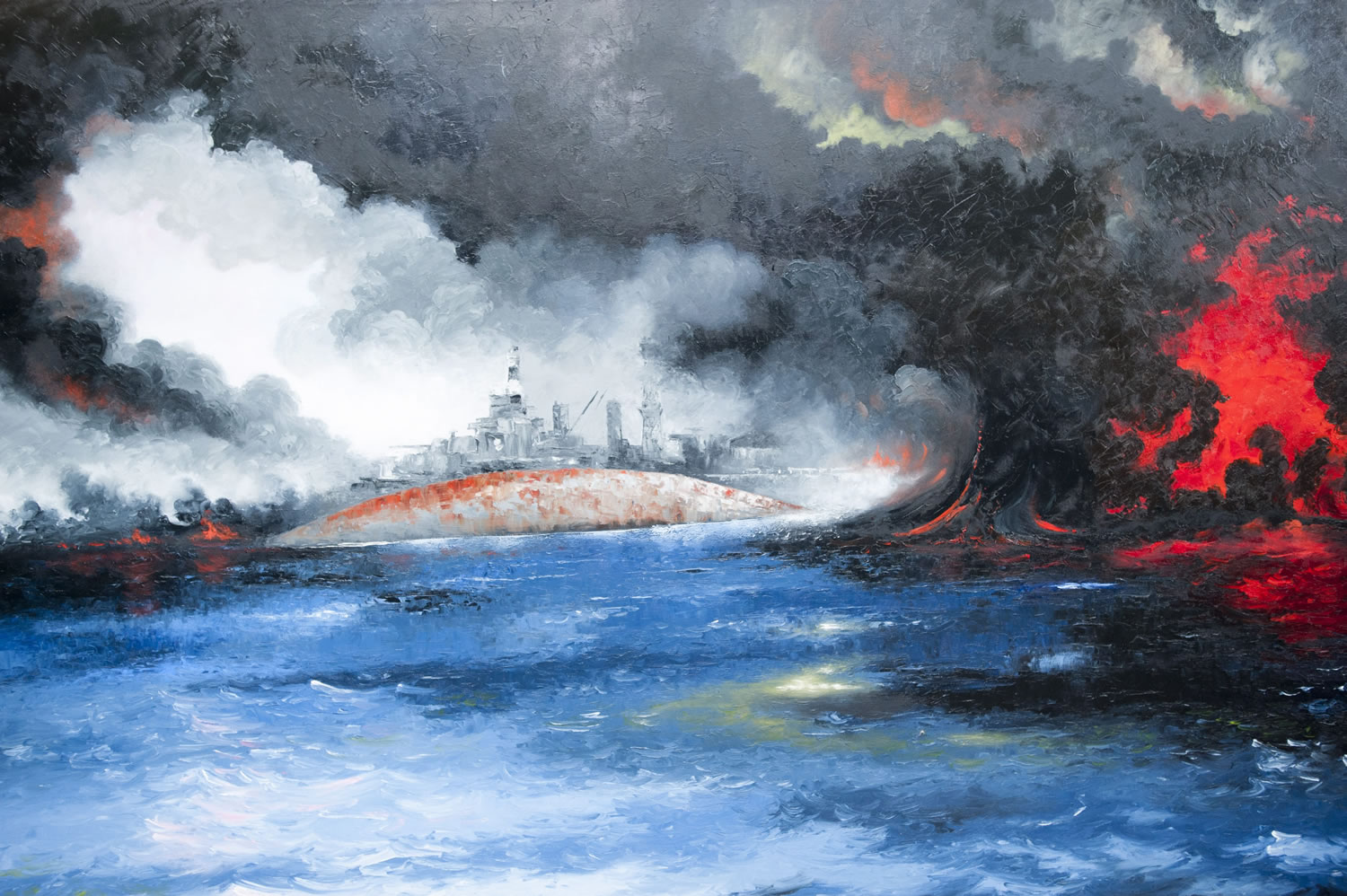 Gordon Sage painted his impressions of Pearl Harbor in the 1990s, some 50 years after the attack. His ship, the USS Maryland, is in the background, behind the hull of the USS Oklahoma.