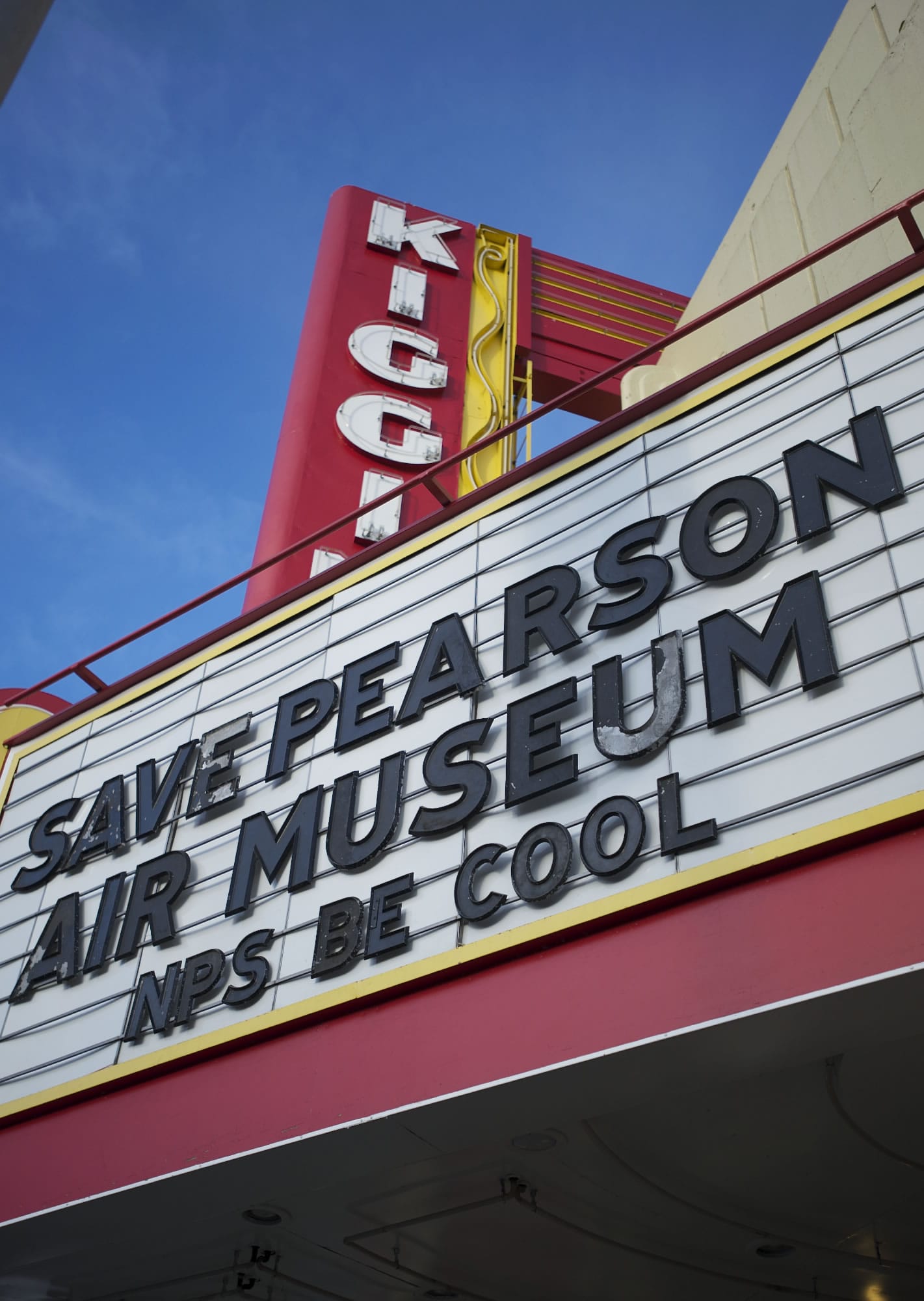 Kiggins Theatre showed its support for Pearson Air Museum by changing its sign Thursday.