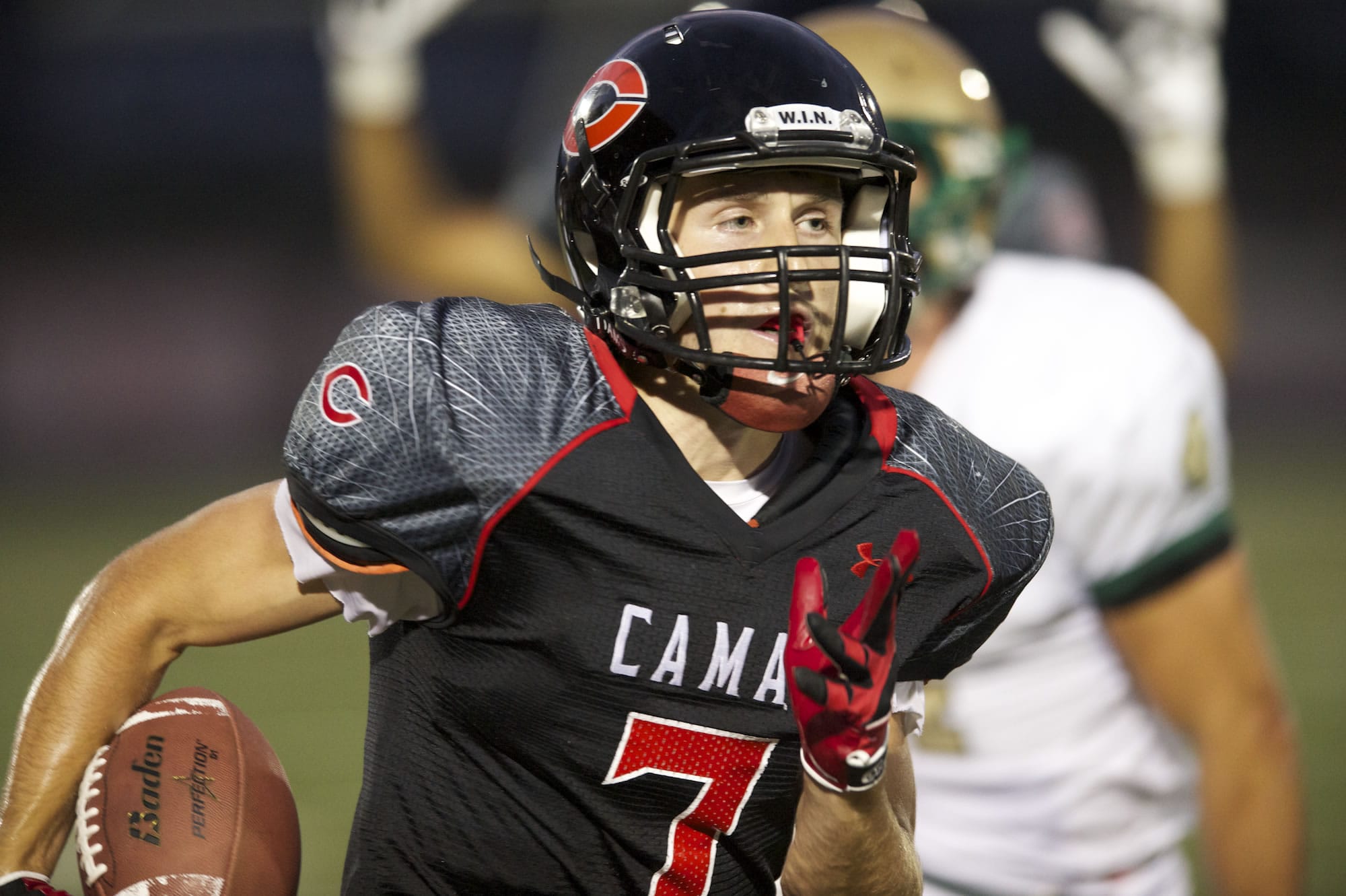 Camas running back Nate Beasley scores one of his five touchdowns in the Papermakers' 47-14 thrashing of Portland Jesuit at Doc Harris Stadium.