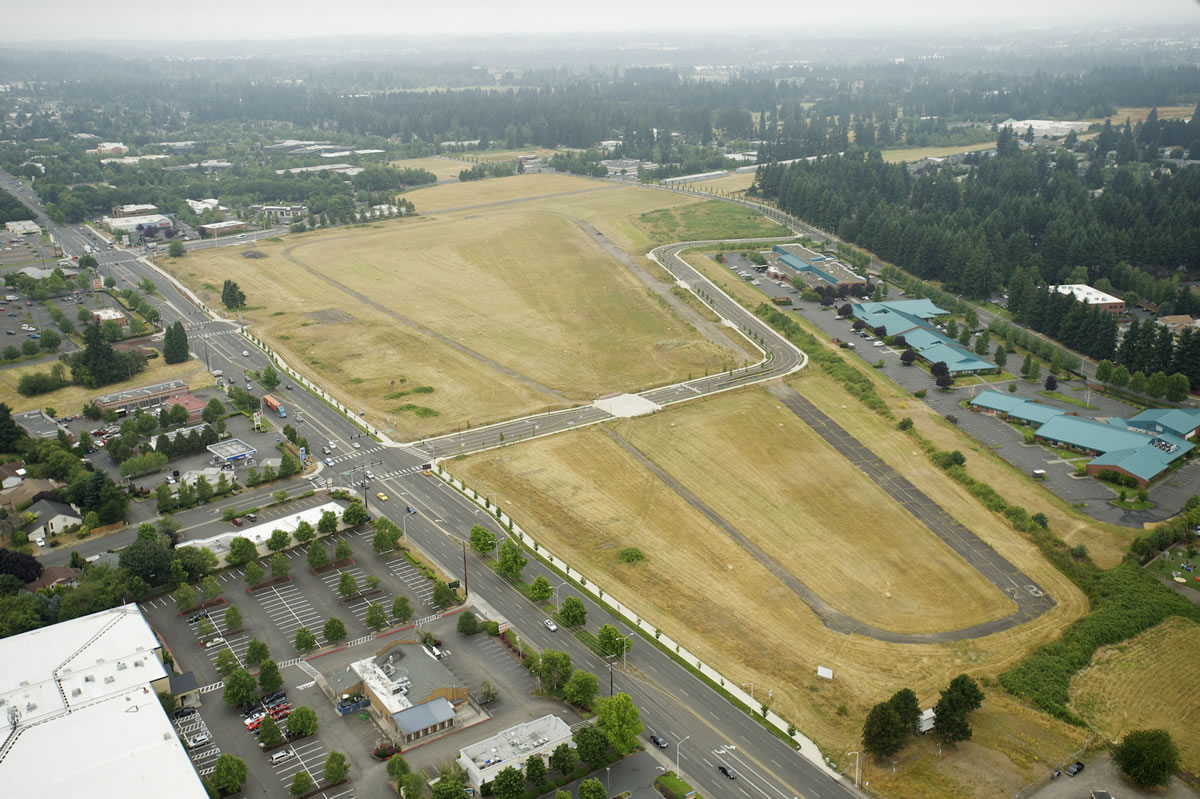 Construction is set to begin on a 99-room hotel at the former Evergreen Airport site, shown from this aerial view of new connector streets to the site on the northeast corner of Southeast Mill Plain Boulevard and 136th Avenue.