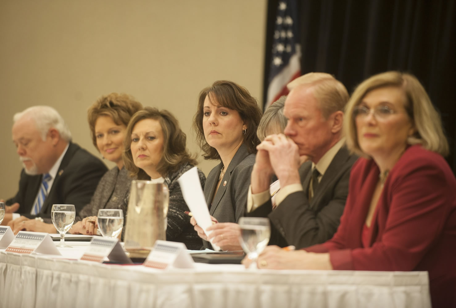 Lawmakers spoke on a panel Friday morning at the legislative outlook breakfast at the Hilton. From left to right, Sen. Don Benton, R-Vancouver, Rep. Liz Pike, R-Camas, Rep. Lynda Wilson, R-Vancouver, Sen. Ann Rivers, R-La Center, Sen. Annette Cleveland, D-Vancouver, Rep. Paul Harris, R-Vancouver, and Rep. Sharon Wylie, D-Vancouver.