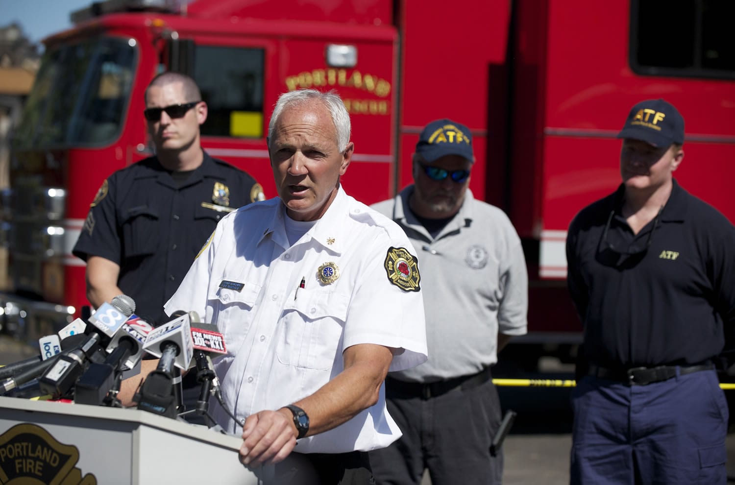 Fire Marshal John Harding addresses the media during a press conference about the investigation of the fire at the Thunderbird Hotel, Tuesday