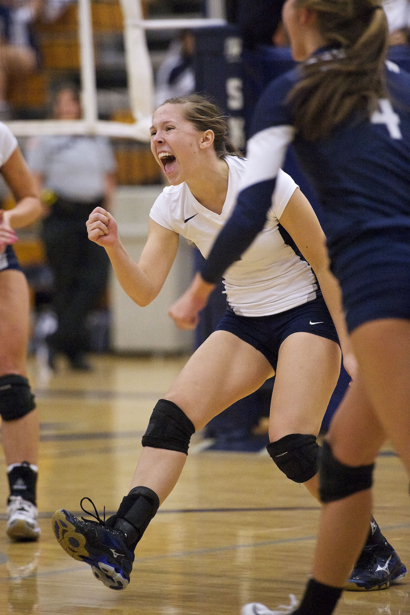 Shelby Swanson (1) of Skyview High School celebrates a point in Skyview's win over Camas in the opener of Class 4A Greater St. Helens League play.