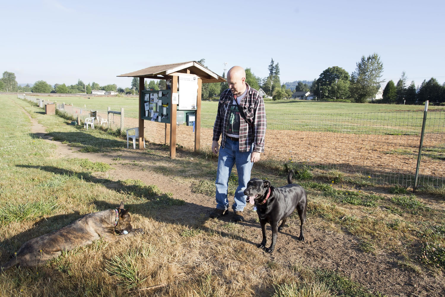 David Clarke, volunteer manager of Washougal's Stevenson Off-Leash Dog Area, lets his dogs Chinook, left, and Lakota run free at the property.