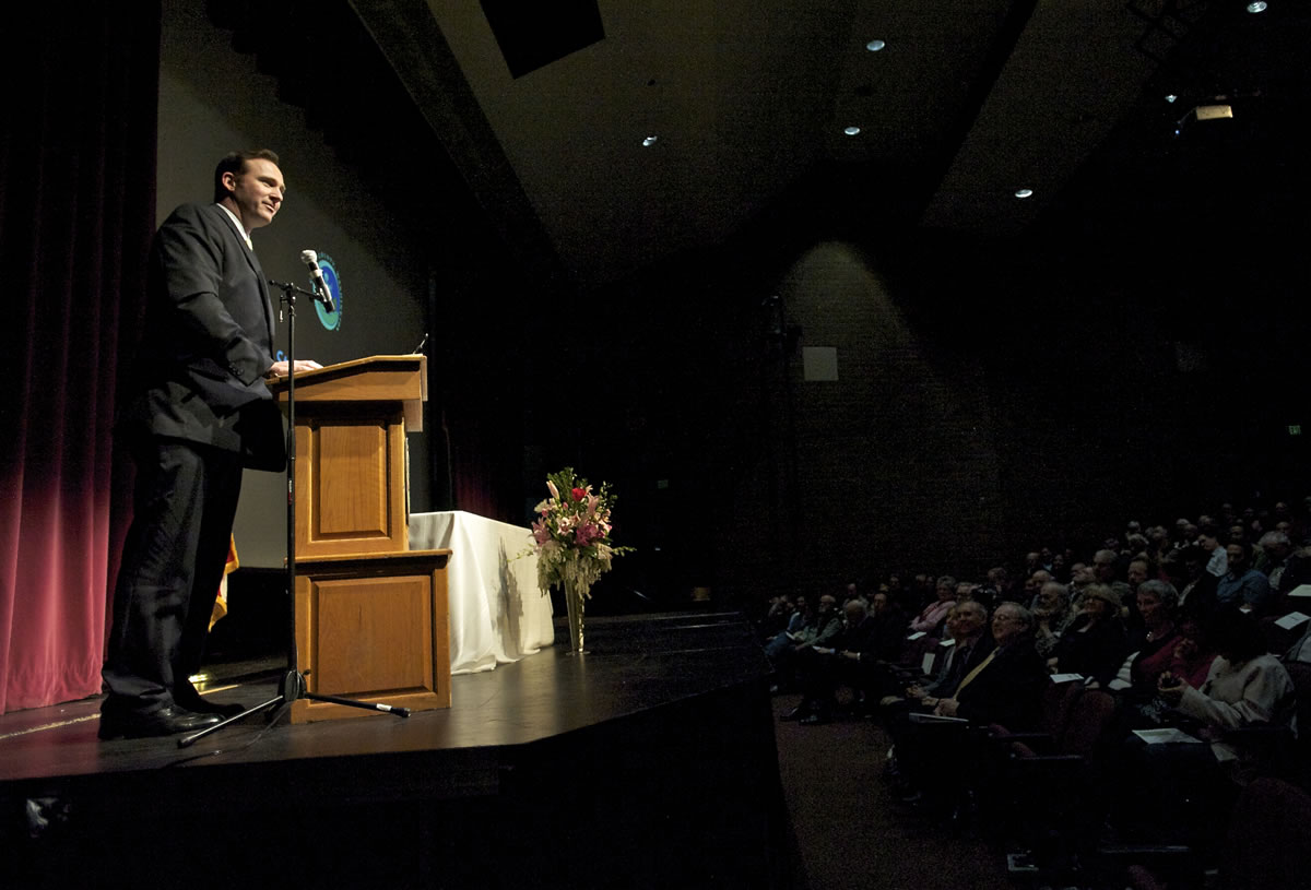 Clark County Commissioner Steve Stuart delivers the State of the County address Thursday at Prairie High School.