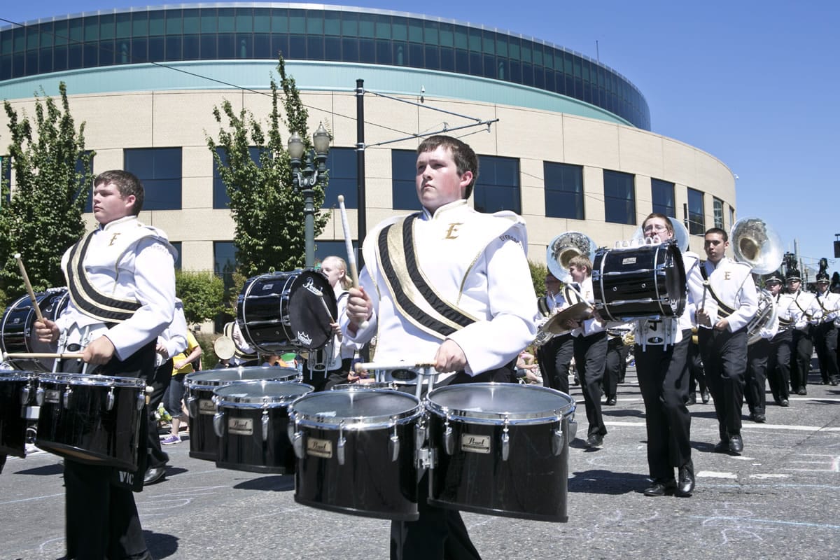 The Evergreen High School Marching Band won the Sweepstakes Award as the best band in the Grand Floral Parade in Portland on Saturday.
