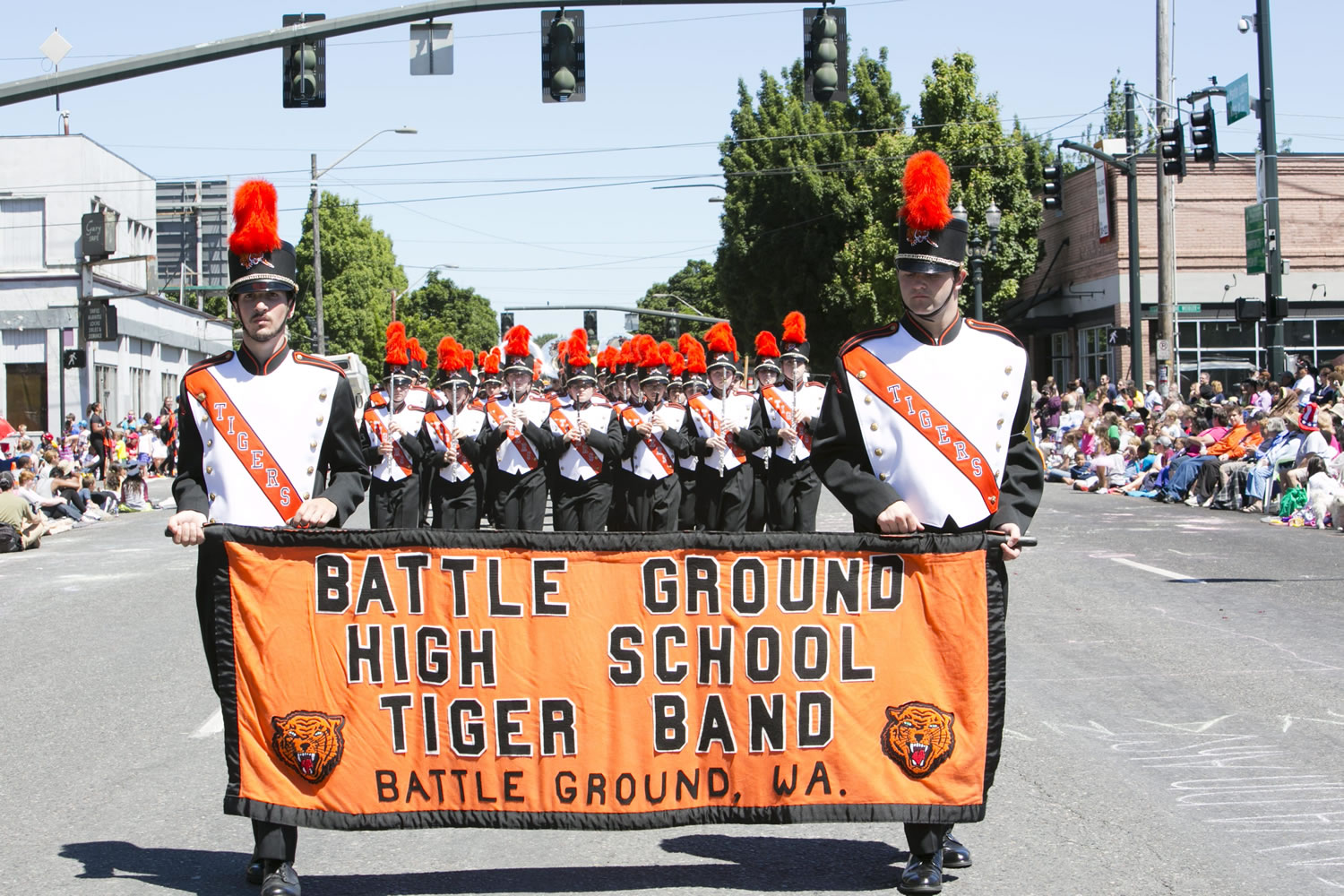 The Battle Ground High School Marching Band won first place among out-of-state bands of 99 members or less in the Grand Floral Parade in Portland on Saturday.