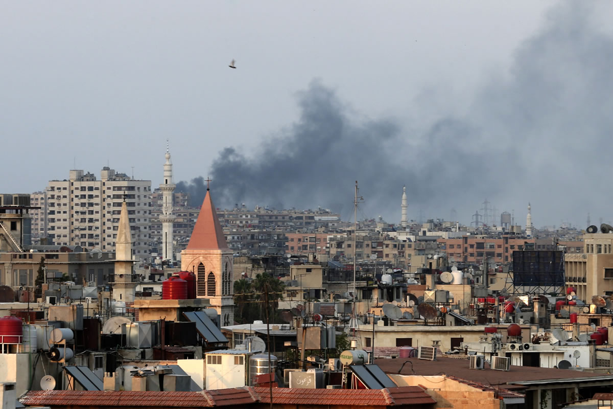 Columns of smoke rising from heavy shelling in the Jobar neighborhood in west Damascus, in Cairo, Syria, on Thursday.