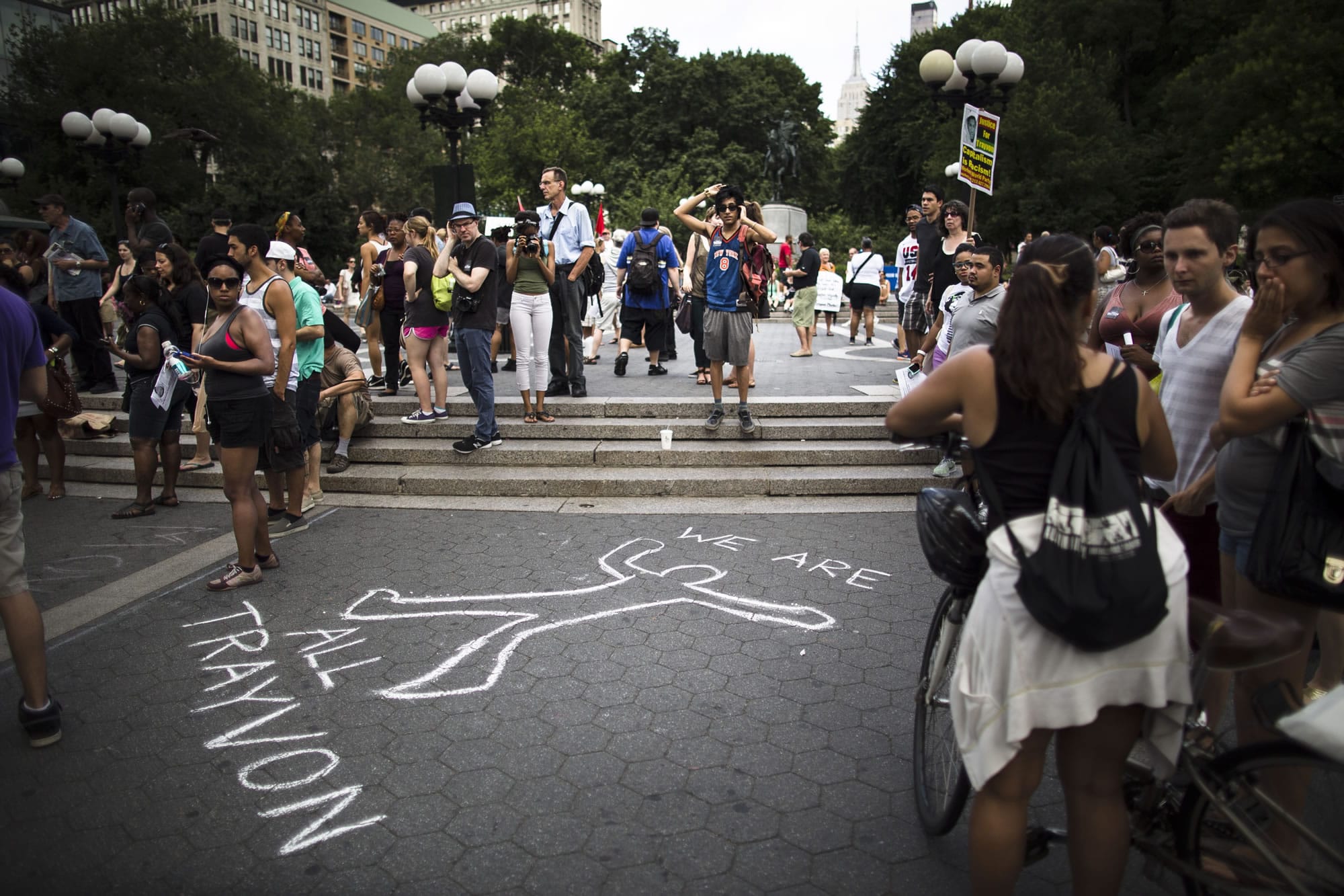 Protestors converge on Union Square on Sunday in New York, for a protest against the acquittal of volunteer neighborhood watch member George Zimmerman in the 2012 killing of 17-year-old Trayvon Martin in Sanford, Fla.